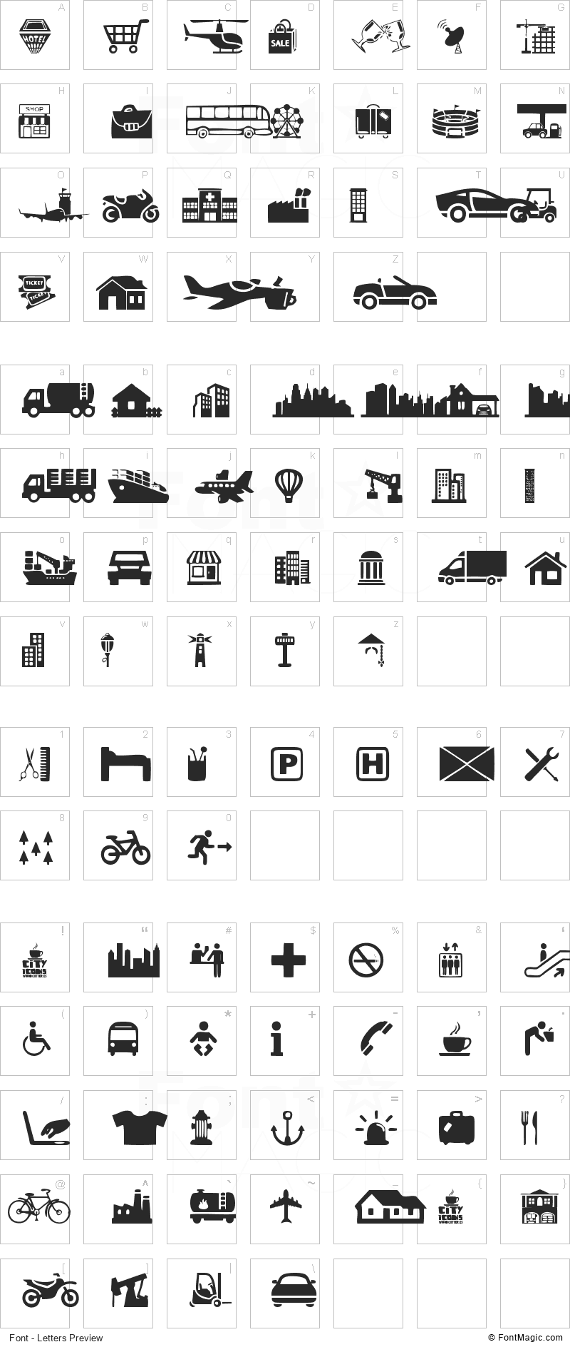City Icons Font - All Latters Preview Chart